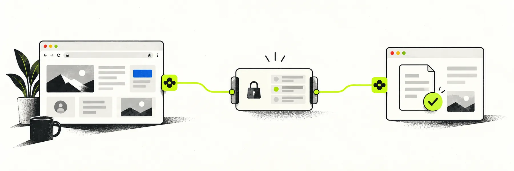 BrowserPair workflow from the user's browser through scoped permissions to a verified result